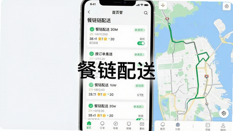 主体为餐链配送APP的高清界面截图,布局展示首页订单列表与地图导航模块,排版整洁现代,风格为扁平化商务科技风,细节包含清晰的订单卡片、绿色状态标识、地图路线轨迹,画质4k,干净无多余元素,中间显示“餐链配送”文字