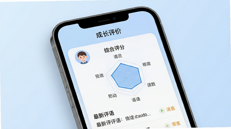 主体为智能手机屏幕特写,显示“成长评价”APP界面,背景为柔和的淡蓝色渐变,布局清晰展示学生头像、综合评分雷达图及最新评语列表,排版整洁有序,风格现代简约,细节包含清晰的字体渲染和柔和的阴影效果,画质高清,干净无多余元素