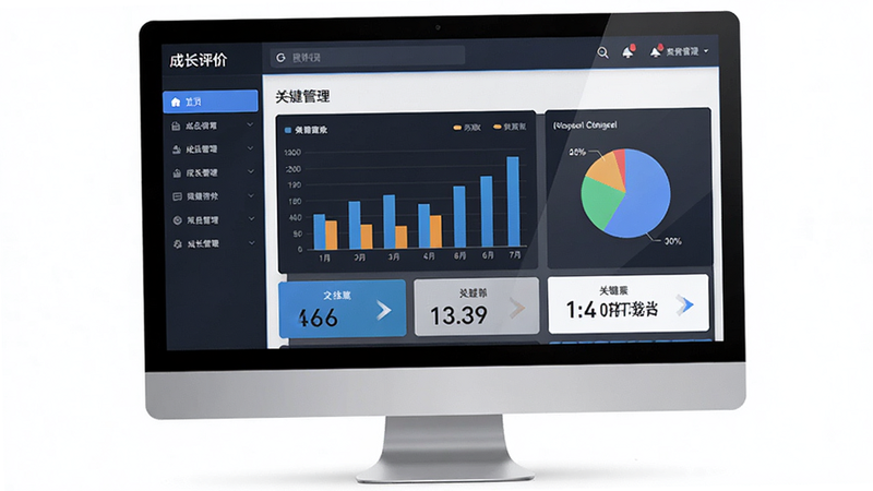 主体为电脑显示器屏幕,显示“成长评价”后台管理系统的统计报表界面,布局为左右分栏结构,左侧为导航栏右侧为图表区,风格商务专业,细节包含柱状图、饼图及关键数据指标卡片,画质锐利,背景纯净
