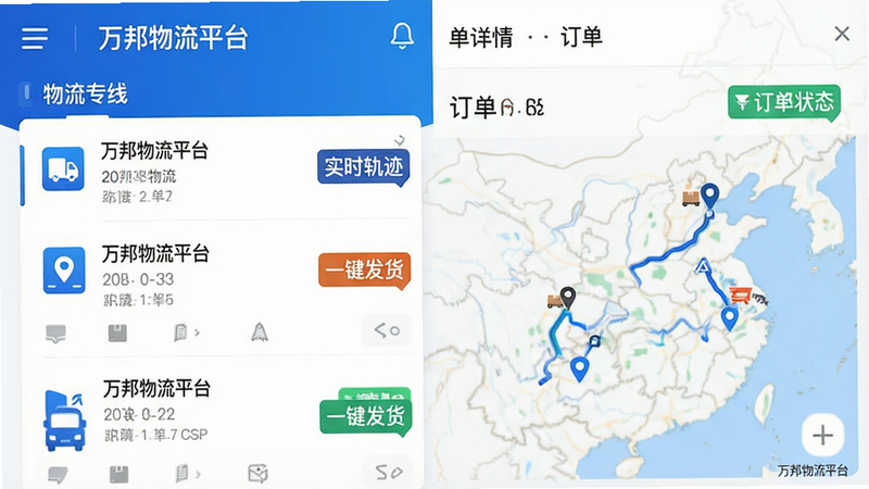 画面主体为万邦物流平台APP的高清界面展示,布局采用左右分栏结构,左侧显示物流专线列表,右侧显示订单详情与地图轨迹。排版整洁有序,风格为现代扁平化商务设计,色调以科技蓝和白色为主。细节包括清晰的图标、实时更新的地图路线以及醒目的订单状态标签。画质高清,干净,无多余元素,文字包含“万邦物流平台”、“实时轨迹”、“一键发货”。