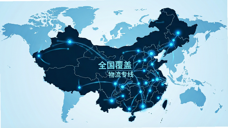 全国地图示意图,用蓝色点标记主要物流城市,连线表示专线覆盖范围,背景为浅蓝色世界地图,风格科技感,细节丰富,画质高清,干净,文字包含“全国覆盖”、“物流专线”。