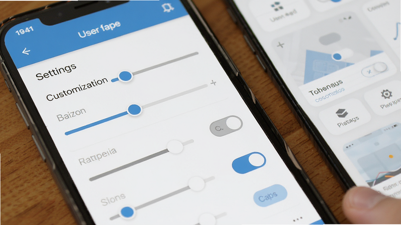 Mobile app customization settings, sliders and toggles, user interface design, flat design style, blue and gray tones, simple and elegant, detailed screenshot, 4k