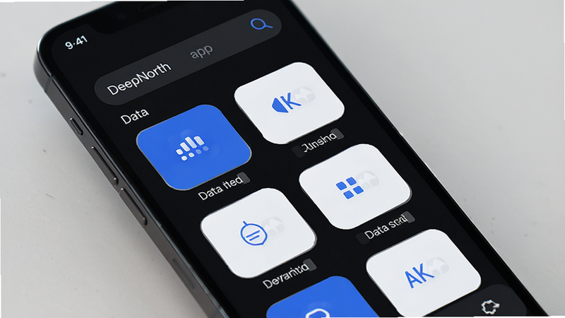 DeepNorth app interface on a modern smartphone screen, dark mode background, minimalist design, displaying a search bar and grid of data nodes, blue and white color scheme, clean UI, high resolution, 4k, no text, realistic style