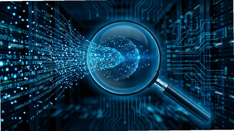 Smart search concept, digital data streams flowing into a magnifying glass, glowing blue particles, futuristic technology background, abstract digital art, high contrast, detailed, 8k