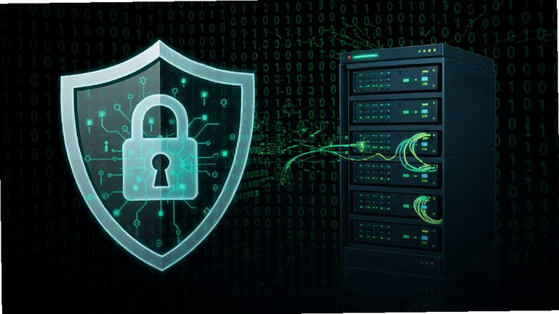 Privacy shield icon, digital lock, secure data server, dark background with green binary code, cybersecurity theme, professional, clean layout, high definition