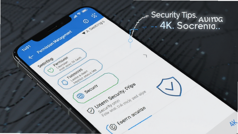 Mobile phone settings screen, permission management, security tips, clean interface, blue accents, instructional graphic, high quality, 4k
