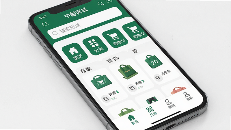 ����Ϊ�ֻ���Ļ��ʾ���������̳�APP��ҳ���棬�������������������������м�չʾ����ͼ����Ƽ���Ʒ��Ƭ���ײ��ǵ��������Ű����룬����Լ�ִ���ɫ���������̺Ͱ�ɫΪ����ϸ�ڰ���������ͼ�������硰��ҳ���������ࡱ�������ﳵ�������ʸ��壬�ɾ����޶���Ԫ�ء�