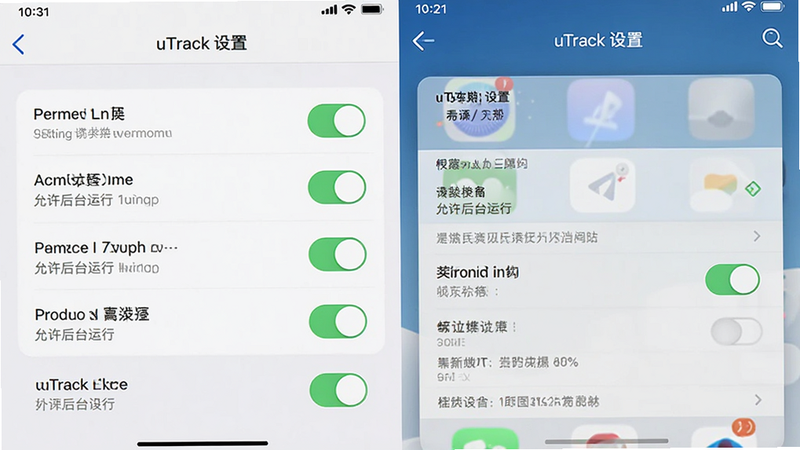 主体是手机设置界面与uTrack应用窗口的组合图,布局左侧为权限开关列表,右侧为应用主界面,排版对称,风格写实科技感,细节显示