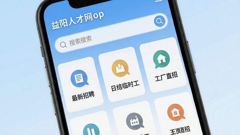 主体为智能手机屏幕,显示“益阳人才网”APP首页界面,布局采用卡片式设计,顶部有搜索框,下方排列着“最新招聘”、“日结临时工”、“工厂直招”等分类图标,背景为干净的浅蓝色渐变,风格扁平化现代UI,细节清晰,画质高,无多余元素