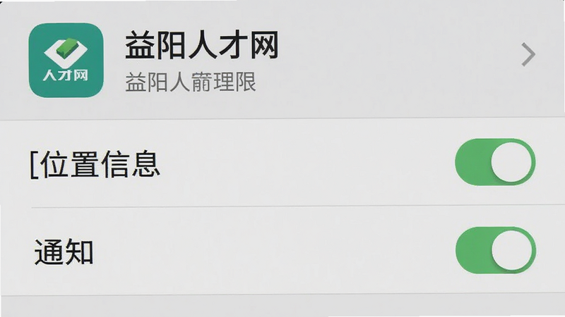 手机设置界面,显示“益阳人才网”应用权限管理页面,勾选了“位置信息”和“通知”选项,布局列表式,风格系统原生灰白色调,细节显示开关状态,画质清晰,无多余元素