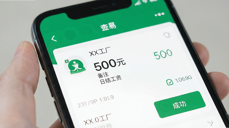 手机支付界面,显示一笔来自“XX工厂”的转账记录,金额500元,备注“日结工资”,布局简洁,风格支付宝绿色调,细节显示交易时间和成功标识,画质高清,无多余元素