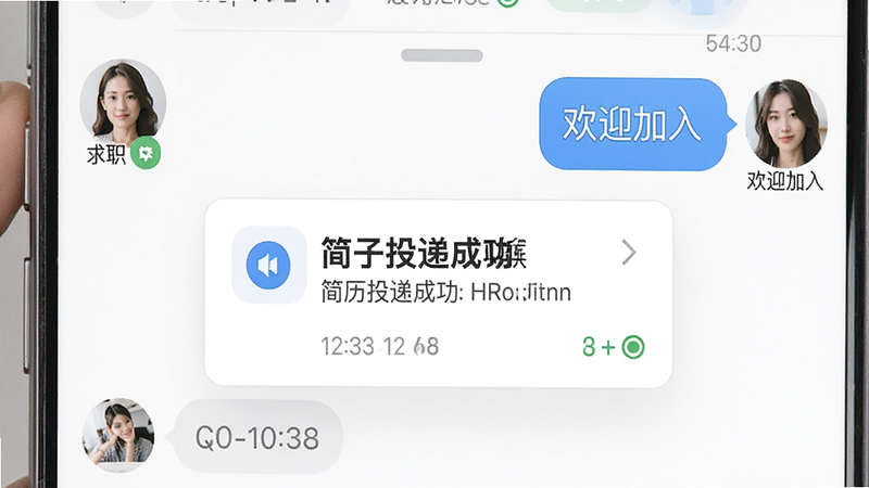 手机聊天界面,左侧显示求职者头像,右侧显示HR回复消息“欢迎加入”,中间穿插简历投递成功提示框,布局紧凑,风格清新白色背景,细节显示时间戳和已读状态,画质高清,无多余元素