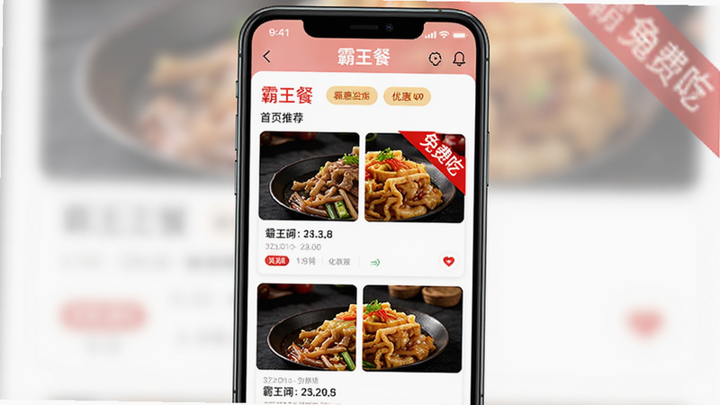 主体为霸王餐APP的手机界面截图,布局清晰展示首页推荐列表与优惠标签,排版整齐,风格现代简约,细节包含明显的“免费吃”红色角标,画质高清,干净无多余元素,文字包含