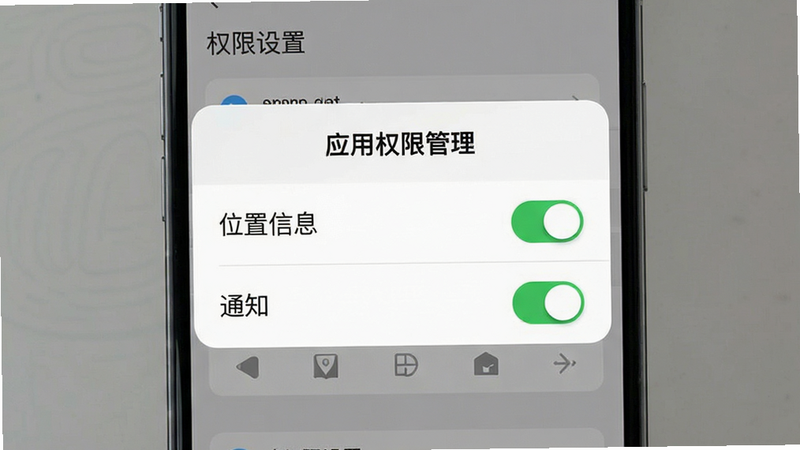 展示手机设置界面,主体为“应用权限管理”弹窗,布局居中,排版清晰,风格扁平化,细节显示“位置信息”和“通知”开关被开启,画质清晰,干净,无多余元素,文字包含