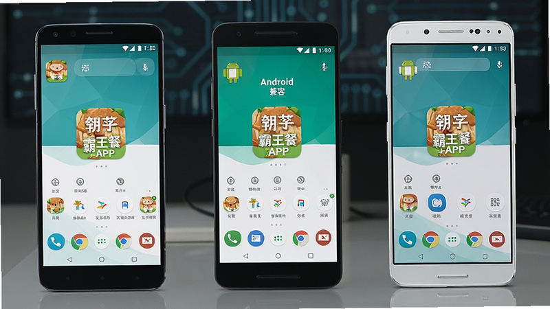 展示多种安卓手机运行霸王餐APP的场景,主体为三部不同品牌的手机并排,布局对称,排版简洁,风格科技感,细节显示APP图标清晰,画质高清,干净,无多余元素,文字包含
