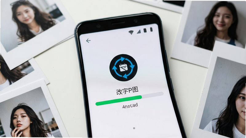 主体为一部安卓手机正在安装“改字P图”APP的场景。布局为俯视视角,手机屏幕显示安装进度条,周围散落着几张待修的图片素材。排版简洁,聚焦于手机屏幕。风格为写实摄影风,光线柔和,突出科技感。细节显示安装图标正在旋转,进度条清晰可见。画质为高清,真实还原材质,干净无杂乱背景,无多余元素。
