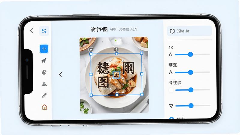 主体为一部现代智能手机屏幕,展示“改字P图”APP的操作界面。布局上,屏幕中央是一张美食海报,用户正使用选区工具框选文字区域。排版清晰,左侧为工具栏,右侧为参数滑块。风格为扁平化科技风,色彩以白色和浅蓝色为主,营造干净专业的氛围。细节显示选区边缘有蓝色高亮框,体现精准识别功能。画质为8k高清,干净无多余元素,无水印。