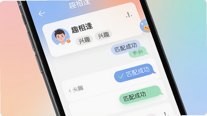 展示手机屏幕上运行的趣相逢APP界面,主体为简洁清爽的UI设计,布局采用卡片式排列,包含用户头像、兴趣标签和聊天气泡,风格为现代扁平化设计,细节处有柔和的渐变背景,画质高清,干净无多余元素,文字包含