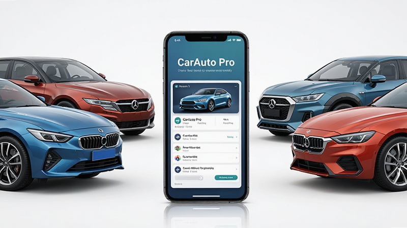 多辆不同品牌汽车排列在一起,中间有一个手机显示'CarAuto Pro'界面,象征兼容性,风格现代,色彩丰富,细节清晰,文字'CarAuto Pro'在屏幕上,画质高,无多余元素
