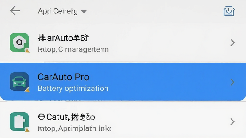 手机设置界面截图,显示应用管理列表,高亮'CarAuto Pro'的电池优化选项,背景为白色,风格简洁,文字'CarAuto Pro'清晰,画质高,无多余元素