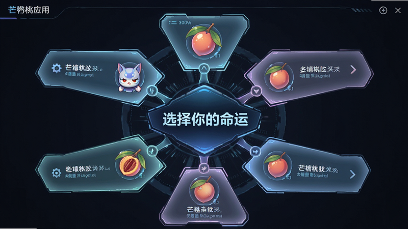主体为芒桃应用内的剧情选择界面,布局为中心辐射状选项卡片,排版整齐,风格为科技感与二次元结合,细节展示不同选项对应的图标,画质清晰,干净,无多余元素,文字显示“选择你的命运”