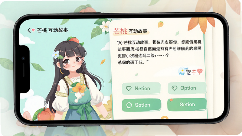 主体为手机屏幕显示的芒桃应用界面,布局为竖屏沉浸式设计,排版清晰,左侧显示角色立绘,右侧显示剧情文字与选项按钮,风格为清新扁平化插画风,细节丰富,画质高清,干净,无多余元素,文字显示“芒桃 互动故事”