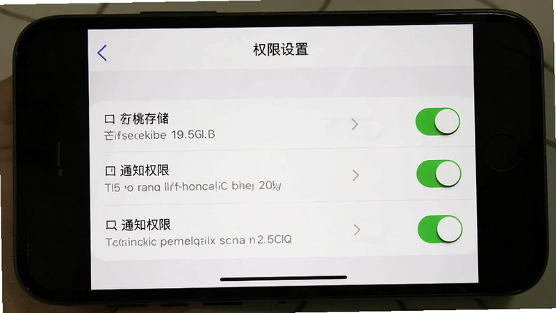主体为手机设置界面中芒桃的权限管理页面,布局为列表形式,排版整齐,风格为系统原生UI风格,细节显示存储与通知权限开关,画质清晰,干净,无多余元素,文字显示“权限设置”