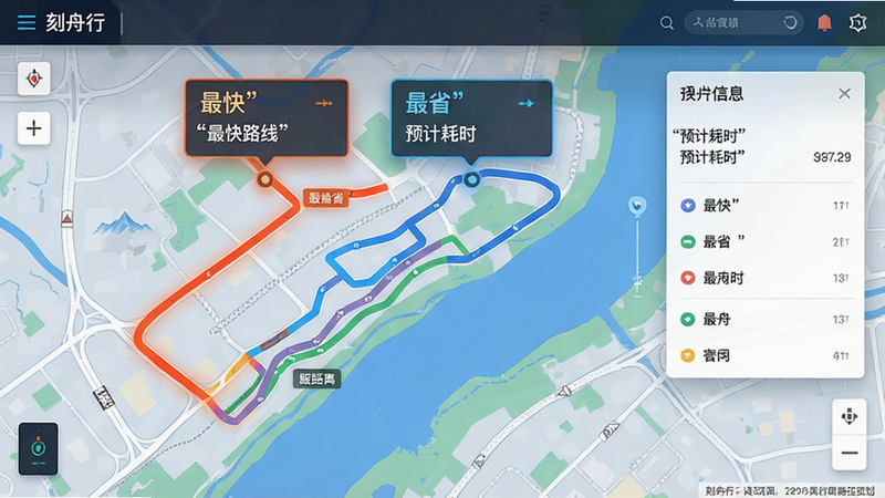 主体为“刻舟行”的路径规划页面,布局为全屏地图背景,上方悬浮显示两条不同颜色的推荐路线,分别标注“最快”与“最省”,右侧有详细信息卡片。风格科技感强,细节包含道路纹理与距离标记,画质清晰,干净,无多余元素,文字加引号“最快路线”、“预计耗时”。