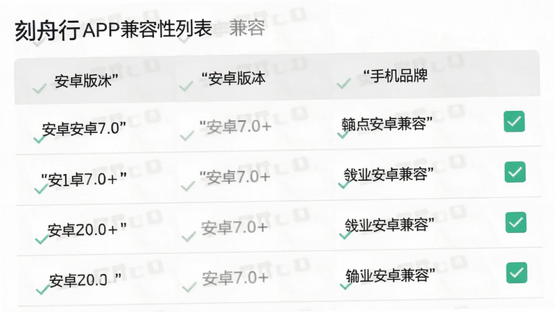 主体为“刻舟行”APP的兼容性列表界面,布局为表格形式,列出支持的安卓版本与手机品牌,风格专业,细节包含勾选标记,画质清晰,干净,无多余元素,文字加引号“安卓7.0+”、“兼容”。
