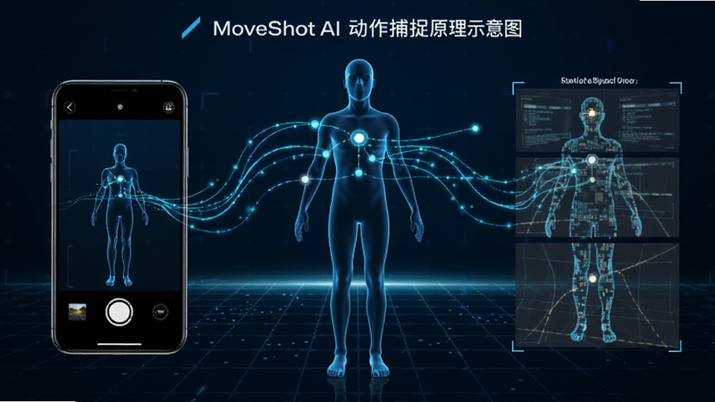 MoveShot AI������׽ԭ��ʾ��ͼ������Ϊһ���������������������ӣ�����Ϊ����ɫ�Ƽ����������ʾ�ֻ�����ͷ�ӽǣ��Ҳ���ʾ��Ч���ӹ��̣��������ҶԱȣ��Ű��࣬��񼫿ͿƼ���ϸ�ڰ������ݽڵ�͹��߹켣�����廭�ʣ��ɾ��޶���Ԫ��