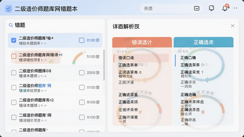 展示二级造价师题库网错题本功能界面,左侧为错题列表,右侧为详细解析面板,高亮显示错误选项与正确选项对比,界面逻辑清晰,色彩柔和,体现科技辅助学习的高效性,主体明确,布局合理,风格专业,细节精致,画质高清,干净