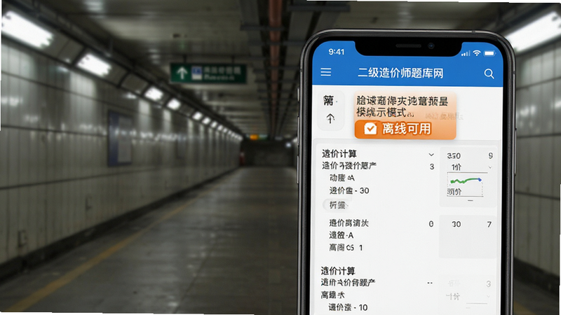 二级造价师题库网离线模式示意图,手机屏幕显示“离线可用”标识,背景为地下通道或无信号环境,屏幕内容清晰展示造价计算题,强调离线功能的稳定性与便捷性,主体突出,布局紧凑,风格写实,细节真实,画质清晰,无多余干扰