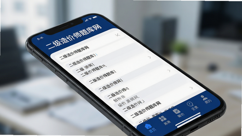 高清手机屏幕特写,显示二级造价师题库网应用界面,界面整洁现代,主色调为深蓝与白色,顶部显示应用名称“二级造价师题库网”,中部展示清晰的题目选项与解析区域,底部有导航栏,背景虚化突出手机主体,风格简约商务,细节丰富,画质4k,干净无多余元素