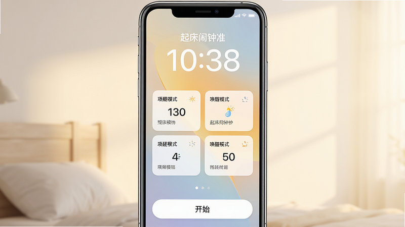 主体为手机屏幕中央显示“起床闹钟准”应用界面,布局简洁清晰,顶部显示大号数字时钟,中部为多个预设的唤醒模式卡片,底部为开始按钮,风格现代简约,细节包含柔和的晨光背景色,画质高清,干净,无多余元素