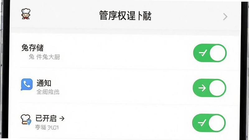 һ��չʾ���ô����APP��ȫ���ý����ʾ��ͼ������ΪӦ���ڵ�Ȩ�޹���ҳ�棬����Ϊ�б���ʽ����ʾ���洢������֪ͨ����Ȩ�޿��أ��Ű�����������࣬ϸ�ڴ��ɼ���ɫ�ġ��ѿ�����״̬��ʶ�������������޶���Ԫ��