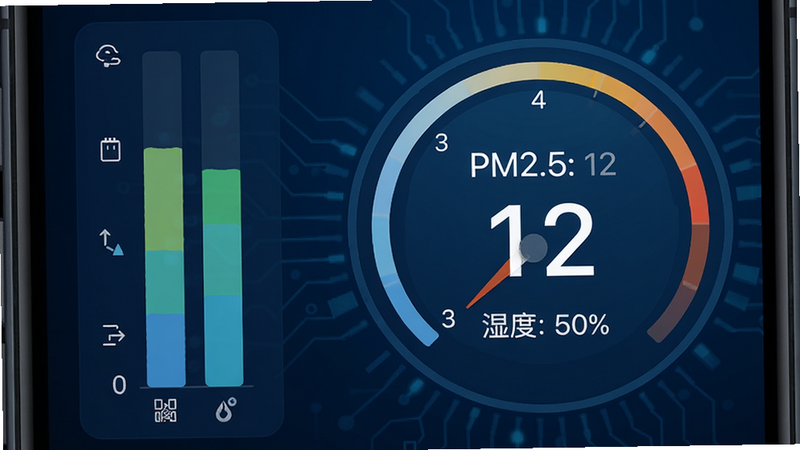 APP界面特写,左侧是垂直的空气柱状图,右侧是圆形的PM2.5实时读数仪表盘,背景为深蓝色科技风,文字清晰显示“PM2.5: 12”和“湿度: 50%”,界面扁平化设计,图标精致,高分辨率,无多余水印
