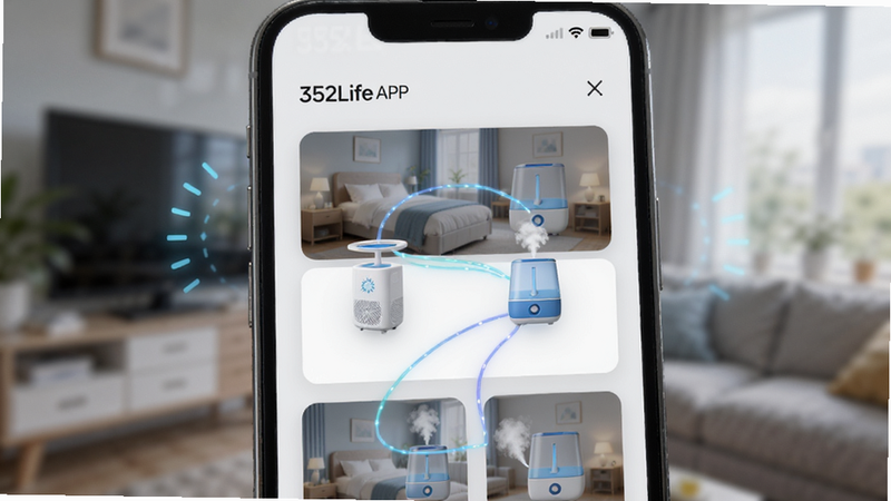 手机屏幕显示“352Life”APP的房间列表页面,每个房间卡片下挂着空气净化器图标和加湿器图标,图标之间有发光的连接线条表示联动,背景模糊处理,突出界面UI设计的简洁与逻辑性,4K画质,细节丰富