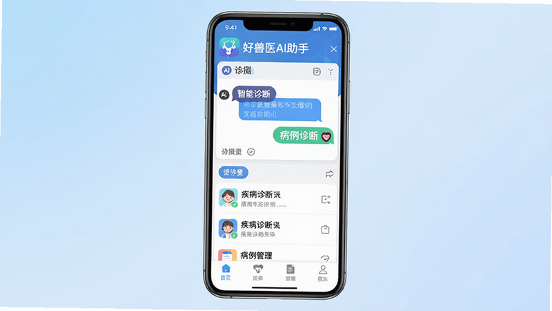 主体为“好兽医AI助手”安卓应用主界面高清预览图,布局采用现代扁平化设计,顶部显示软件Logo及名称,中间区域展示AI对话窗口与疾病诊断列表,底部为功能导航栏,风格科技感十足,细节包含清晰的文字标签“智能诊断”、“病例管理”,画质8K高清,干净无多余元素,背景为浅蓝色渐变
