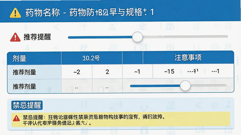 主体为用药建议界面截图,布局上方为药物名称与规格,下方为剂量计算表格与注意事项高亮显示,排版整齐,风格专业医疗蓝白配色,细节包含警示图标与剂量滑块,画质清晰,干净,文字标签“推荐剂量”、“禁忌提醒”