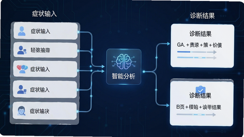 主体为AI诊断流程图示,布局左侧为输入症状列表,右侧为AI生成的诊断结果卡片,排版清晰直观,风格简约商务,细节展示数据连接线与大脑图标,画质高清,干净,文字标签“症状输入”、“智能分析”、“诊断结果”