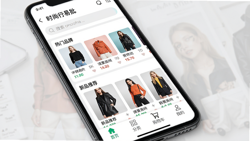 ����һ�Ÿ������ȵ��ֻ�Ӧ�ý����ͼ������Ϊ'ʱ��������'APP��ҳ������������������ʾ���������м�չʾ'����Ʒ��'��'��Ʒ�Ƽ�'ģ�飬�ײ���'��ҳ'��'����'��'���ﳵ'��'�ҵ�'��������������ִ���ɫ���԰�ɫ��ǳ��ɫΪ������׺Ʒ��ɫ��ϸ�ڷḻ������4K���ɾ��޶���Ԫ��