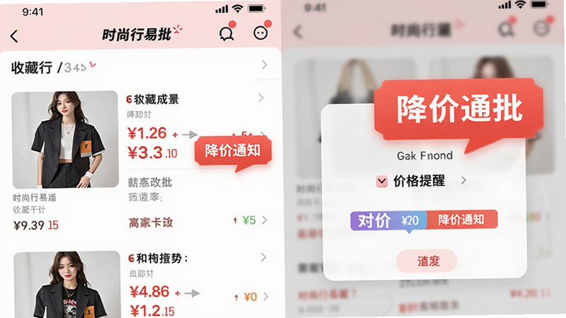 ����һ��չʾ'ʱ��������'APP�ղ�ҳ��ͼ۸����ѵ�����ͼ������Ϊ�ղ���Ʒ�б�����ɫ'����֪ͨ'���ݣ��������ҷ������Ű���գ���������Ŀ��ϸ�ڰ����۸�Ա����ݣ������������ɾ�