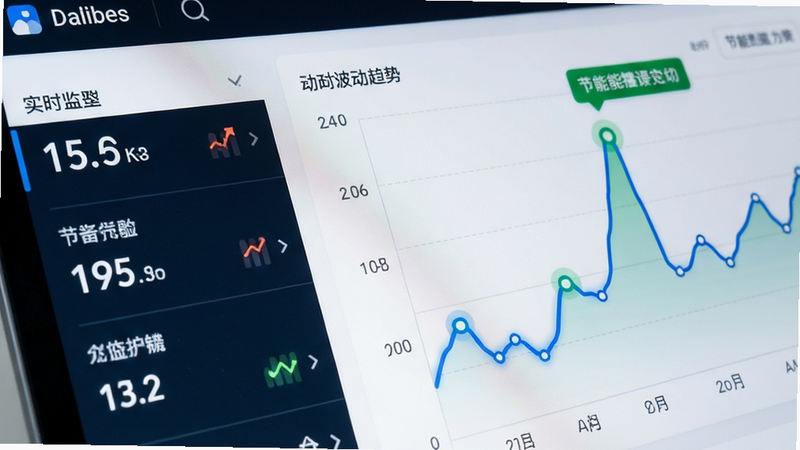 主体为APP内的数据监控页面特写,展示动态波动的折线图,布局左右分栏,左侧为实时数值,右侧为趋势图;排版紧凑有序,风格商务简约,细节包含高亮的峰值标记和绿色的节能提示标签;画质锐利,清晰,无杂乱背景