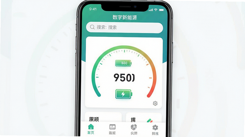 主体为智能手机屏幕,屏幕中央显示“数字新能源”APP界面,布局清晰,顶部有搜索栏,中部为实时能耗仪表盘,底部为功能导航栏;排版简洁现代,风格扁平化科技风,细节包含绿色渐变的电量图标和清晰的数字读数;画质高清,干净,无多余元素
