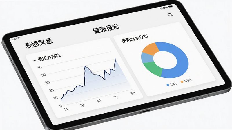 ����Ϊƽ���豸��Ļ����ʾ������ڤ�롱App�����ݱ���ҳ�棬����Ϊ���ҷ��������Ϊ����ͼչʾһ��ѹ��ָ�����Ҳ�Ϊ��ͼչʾʹ��ʱ���ֲ�������Ϊ��ɫ��������������������Լ��ϸ�ڷḻ�����ʸ��壬�ɾ����޶���Ԫ�أ�������ʾ���������桱
