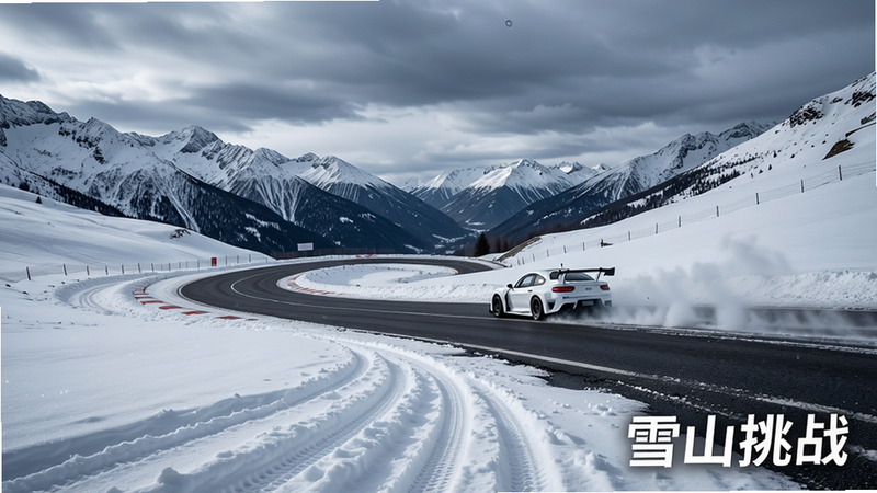 主体是赛车在雪山赛道上的全景图,布局为广角视角,前景是积雪覆盖的赛道边缘,中景是蜿蜒的柏油路和行驶的白色赛车,背景是连绵的雪山和阴沉的天空,风格为写实风景摄影,细节展现雪地上的车辙印,文字“雪山挑战”位于右下角,画质8K,色彩冷峻,干净无杂质