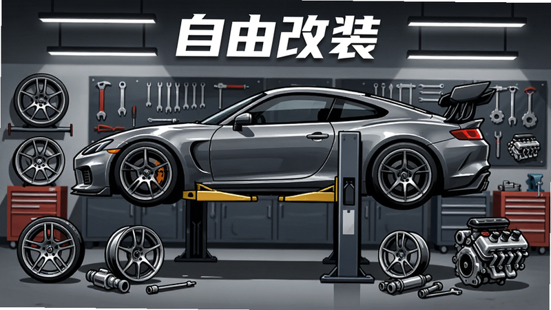 主体是赛车改装车间的场景,布局为侧面透视,一辆灰色跑车停在举升机上,周围摆放着各种轮毂、尾翼和引擎配件,背景是整洁的工具墙,风格为工业风插画,细节展现机械零件的金属光泽,文字“自由改装”位于顶部居中,画质高清,线条流畅,无多余杂物