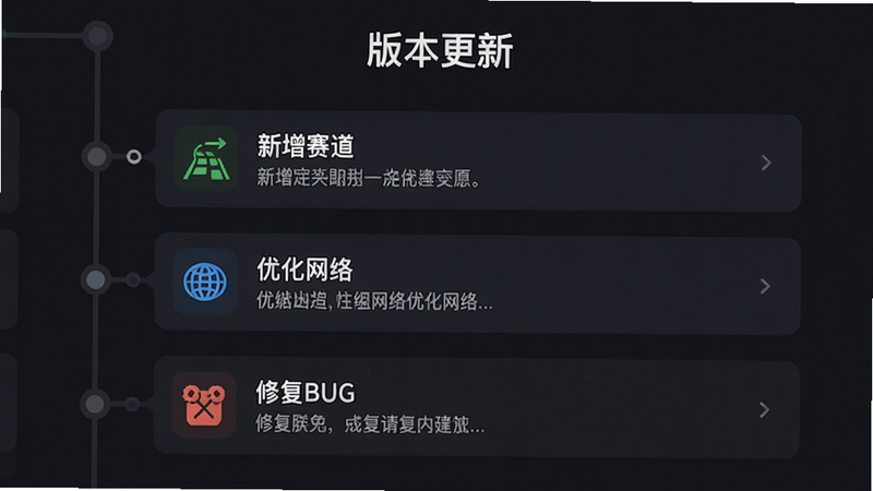 主体是游戏更新日志界面,布局为时间轴形式,列出“新增赛道”、“优化网络”、“修复BUG”等条目,背景为深色模式,风格为简洁现代UI,细节展现每个更新点的图标与简短描述,文字“版本更新”位于顶部,画质高清,布局整齐,无多余元素