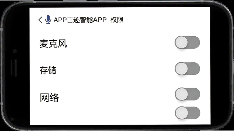 �Լ�����APP��Ȩ�����ý��棬�б��а�������˷硱�����洢���������硱��ѡ�ÿ��ѡ���Ҳ���һ����ɫ�Ŀ��ذ�ť�����汳��Ϊ��ɫ�������������޶���װ�Σ���ƽ��UI���