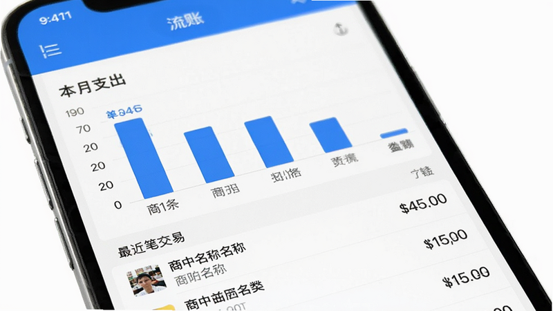 Z��ǮAPP����ҳ�棬��Ļ��ʾ������֧����ͳ��ͼ������״ͼչʾÿ��֧�����·��г�������ʽ��׼�¼�������̻����ƺͽ������Լ����ɫ��������ɫͼ�꣬���壬�޶���Ԫ��